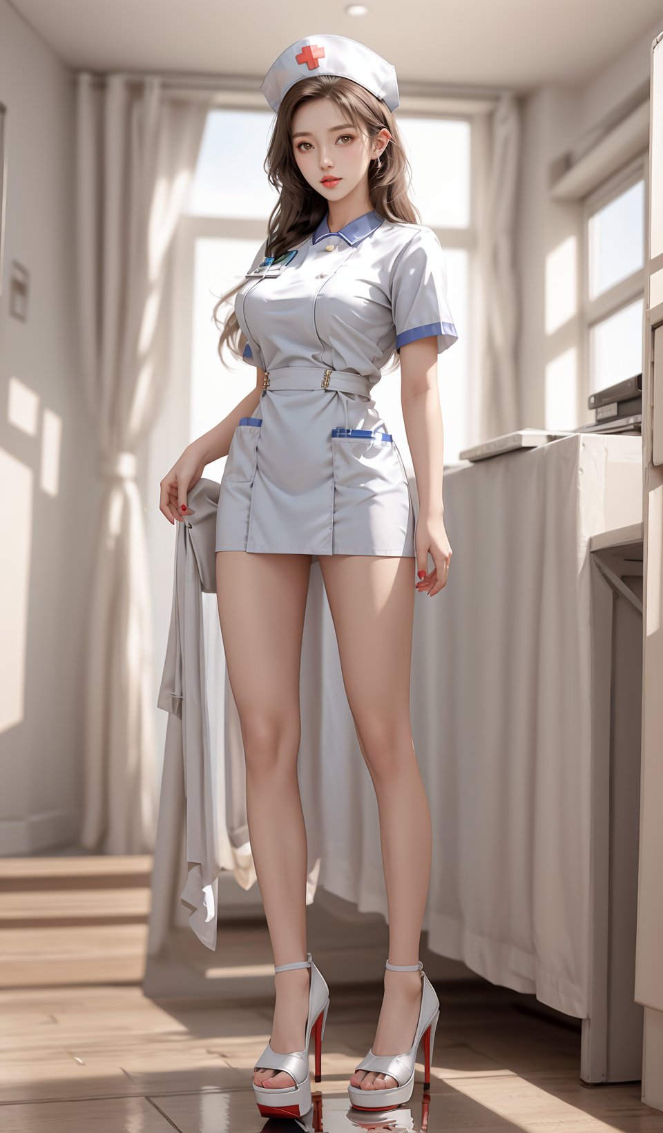 Trainee Nurse,1girl,solo,nurse,nurse cap,hat,breasts,long hair,brown eyes,high heels,brown hair,looking at viewer,full body,large breasts,dress,short sleeves,nail polish,standing,lips,white dress,white footwear,closed mouth,sandals,red lips,short dress,id card,toeless footwear,strappy heels,reflection,name tag,toenail polish,legs,White nurse uniform,,