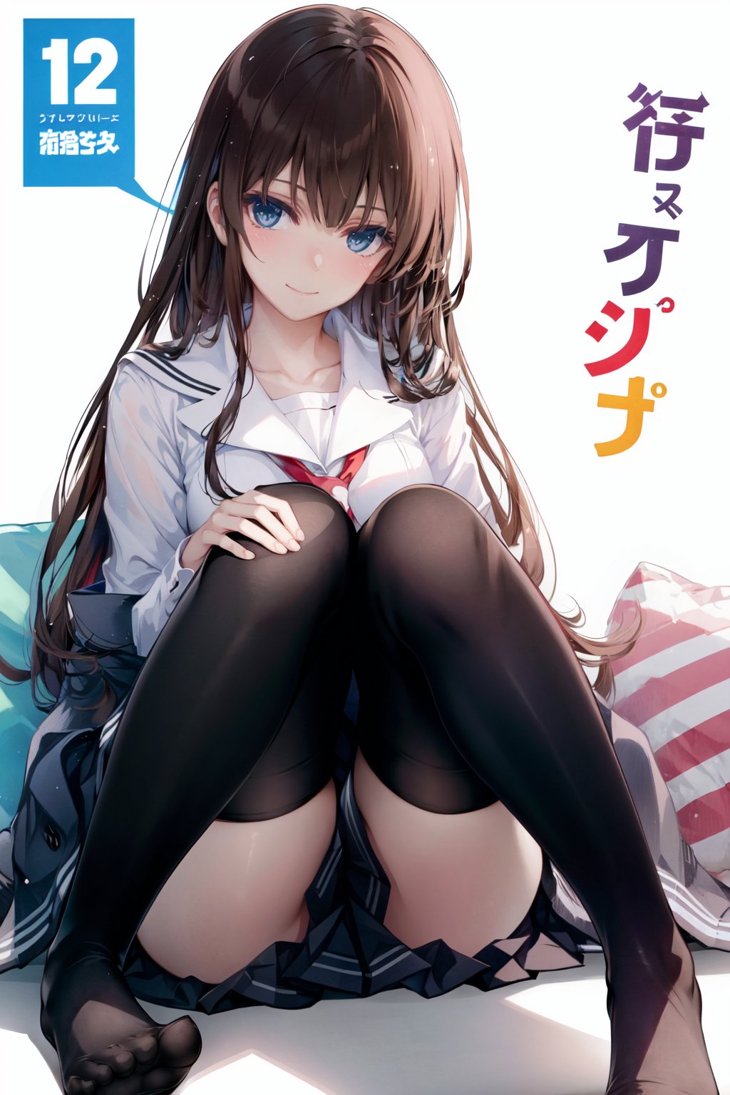 thighhighs, 1girl, school uniform, blue eyes, long hair, black thighhighs, skirt, sawamura spencer eriri, solo, cover, adjusting legwear, sitting, adjusting clothes, long legs, brown hair, thighhighs pull, pleated skirt, blush, looking at viewer, cover page, dressing, no shoes