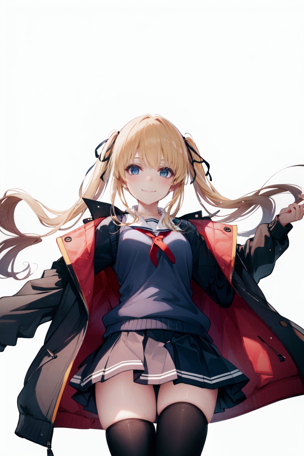 1girl, sawamura spencer eriri, solo, thighhighs, twintails, blue eyes, jacket on shoulders, glasses, black thighhighs, sweater vest, skirt, long hair, jacket, blonde hair, eyewear removed, ribbon, track jacket, zettai ryouiki, school uniform, holding, hair ribbon, holding eyewear, smile, white background, looking at viewer, simple background, pleated skirt, blush