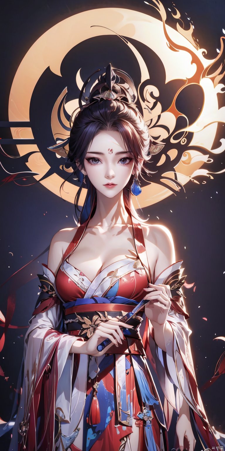  A mesmerizing and visually stunning artwork featuring a single female figure, created by a renowned artist, showcasing intricate details and vibrant colors. Official art quality with a strong aesthetic appeal. High resolution rendering in 4K, huliya, 1girl, flame,lotus ,sun ,Clouds, winds,featuring autumn fallen leavesGemstones, ornaments, flash, diffusion, juemei, , chang, Punk, linkedress_red dress, hanfu, mgirl, qtcg, upper_body, Light master, leidianjiangjun, shenzi, shenzi,,,