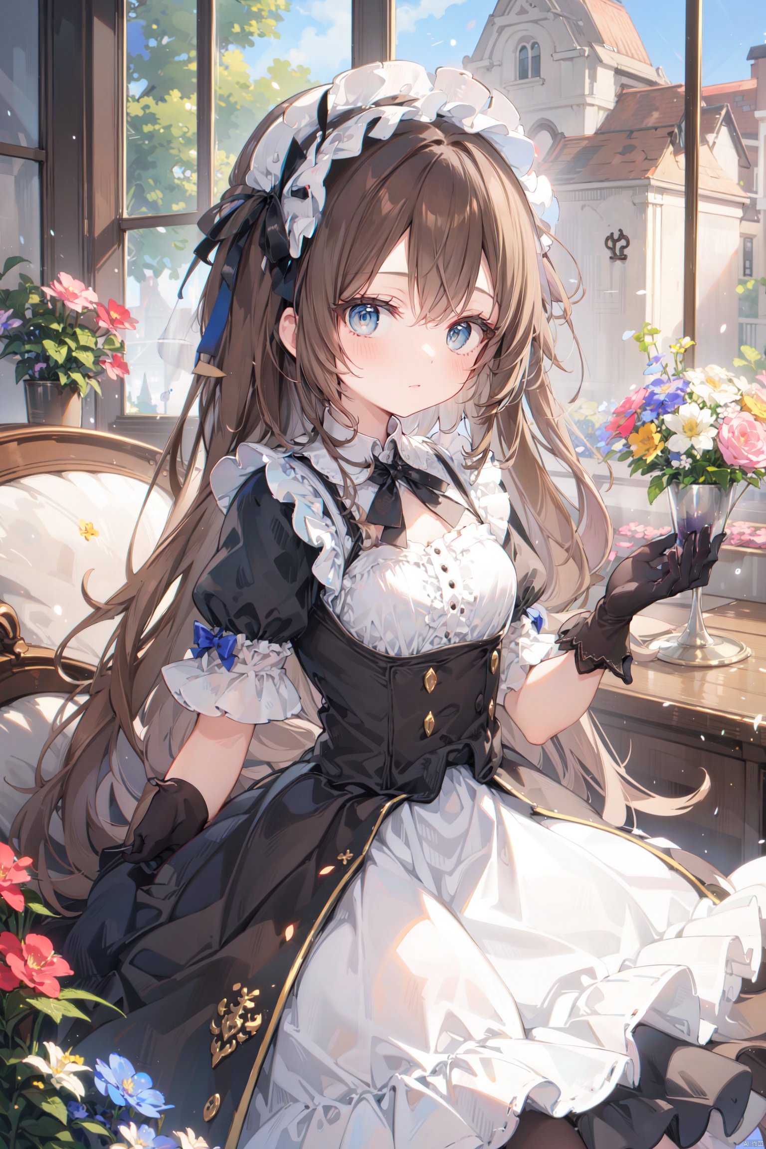 1girl, bangs, blush, bow, brown_eyes, brown_hair, closed_mouth, dress, eyebrows_visible_through_hair, flower, frilled_dress, frills, gloves, holding, lolita_fashion, long_hair, looking_at_viewer, mary_janes,