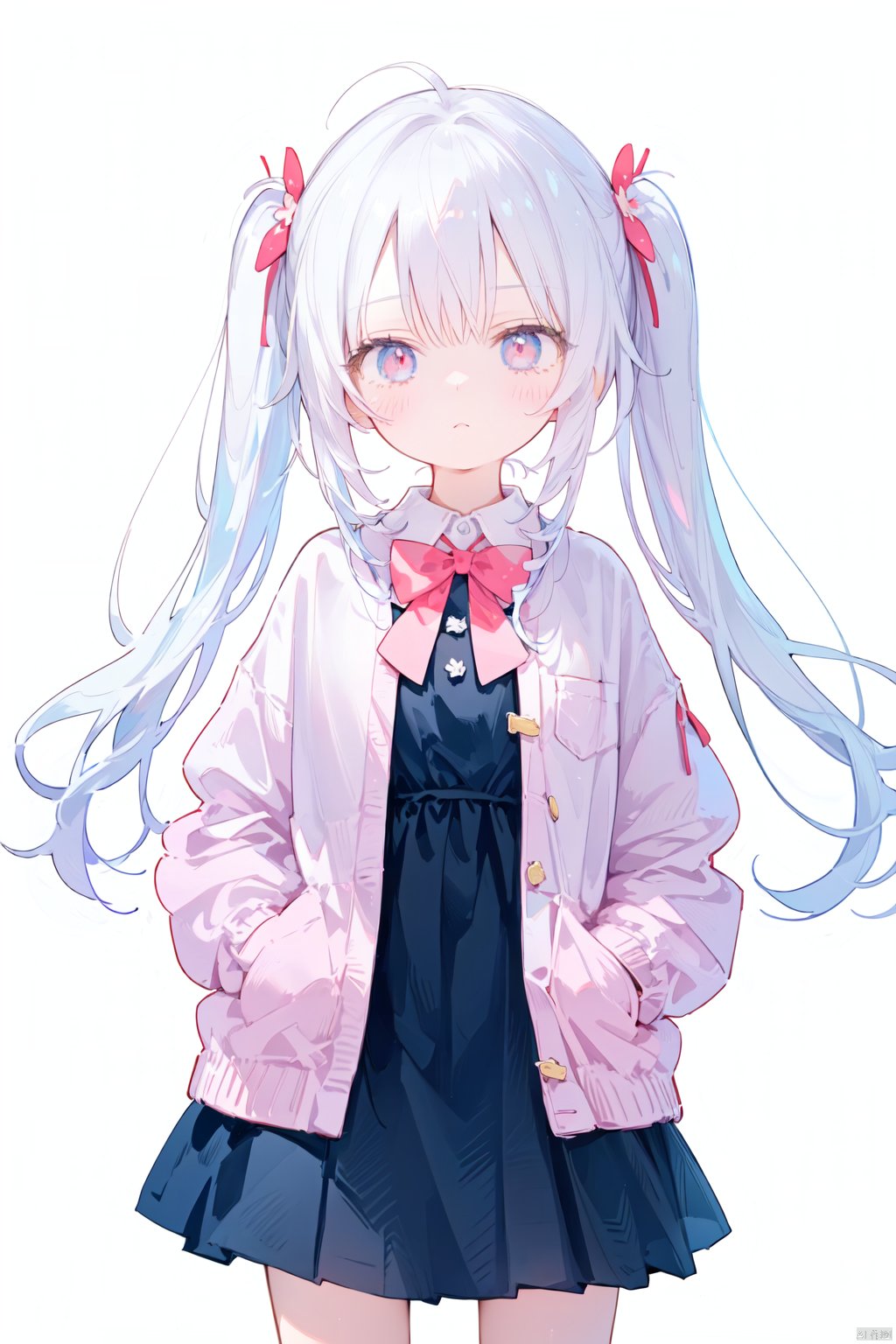 (best quality), ((masterpiece)), (highres),standing,original, extremely detailed wallpaper, (an extremely delicate and beautiful),pink eyes,,(loli),(petite),blue hair,(white Jacket),high ponytail,white collared shirt,hair flower,fipped hair,floating hair,Frown,hands in pockets,black dress,red bowtie,(solo), 