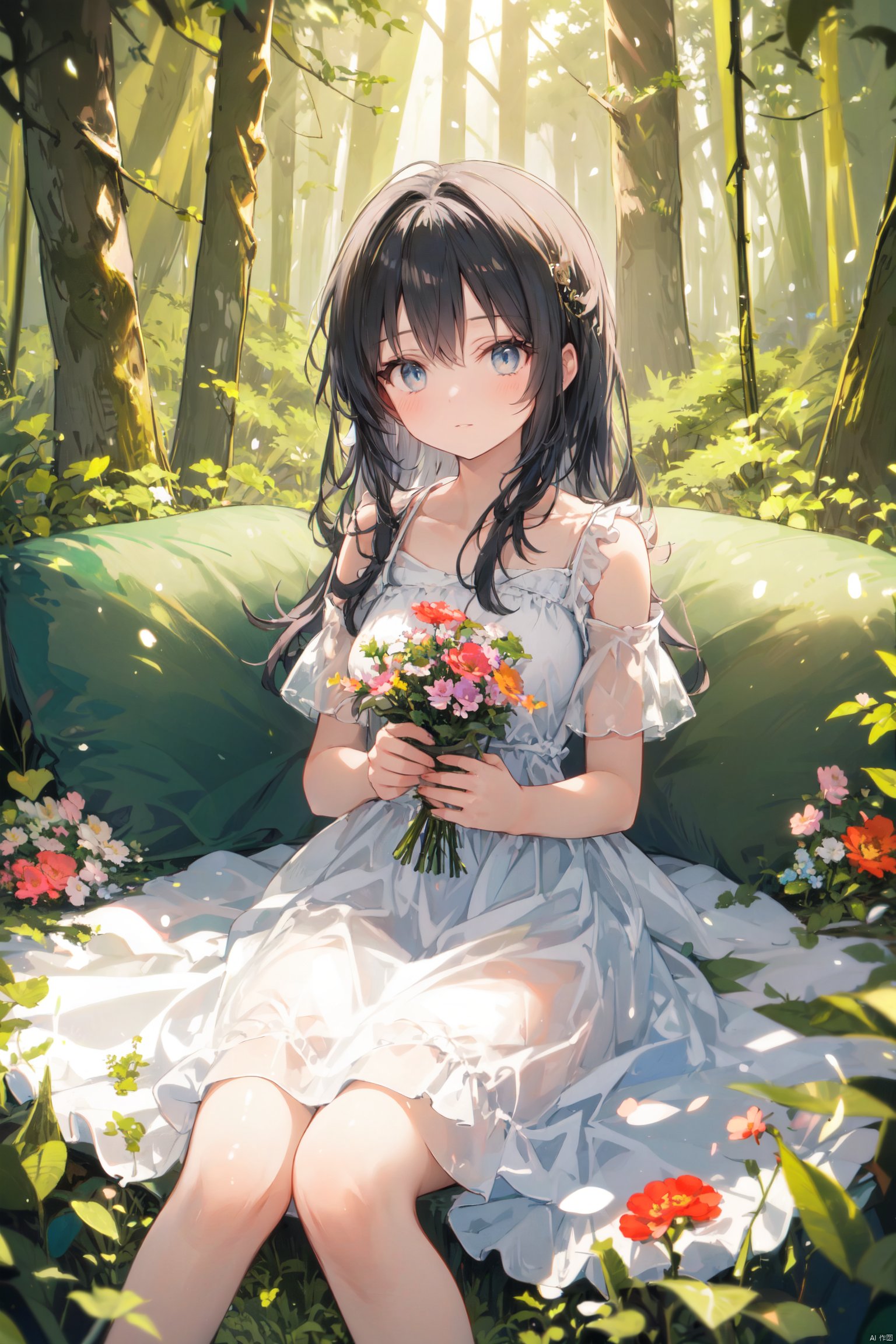 masterpiece,best quality,ï¼ 1girl, sitting on grass, flowers, holding flowers, warm lighting, white dress, blurry foreground, (forest:1.5)