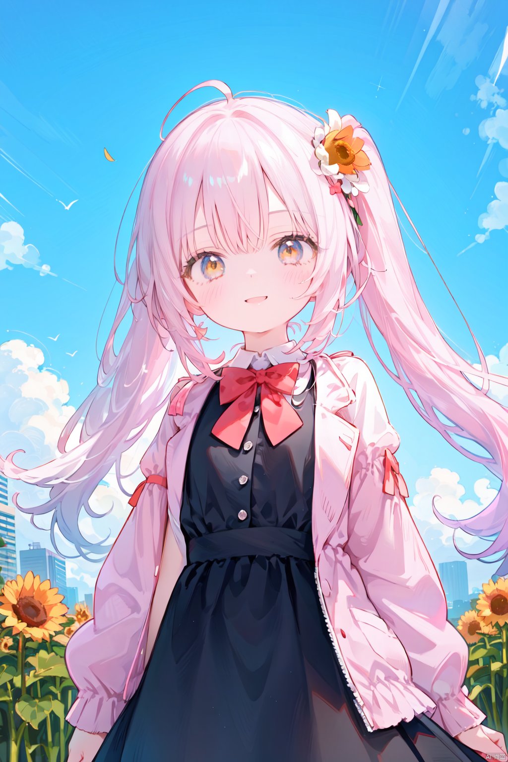 (best quality), ((masterpiece)), (highres),standing,original, extremely detailed wallpaper, (an extremely delicate and beautiful),(loli：1.2),(petite:1.2),Pink hair,Yellow eyes, (red Jacket),high ponytail,white collared shirt,hair flower,fipped hair,floating hair,Frown,hands in pockets,black dress,red bowtie,(solo),sky, skyline, skyscraper, smile, solo, sunflower, tower, upper_body,white flowe