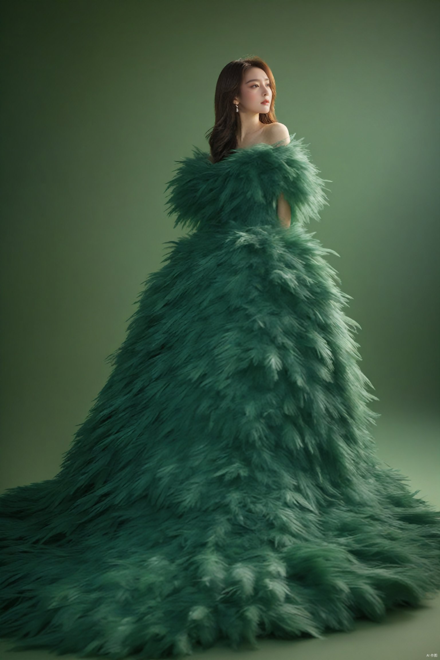  1girl,a gorgeous long dress made of feathers,green feather,huge feathers,complex background,beautiful background,(feathers everywhere:1.3),depth of field level,
lyf,