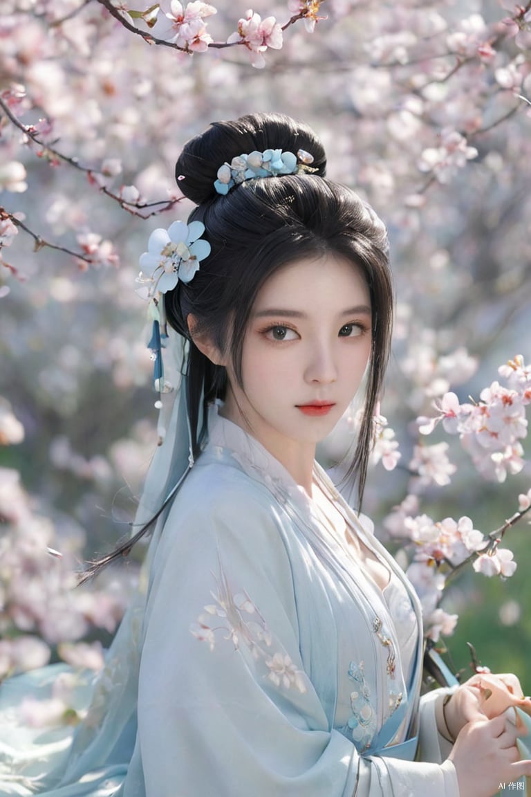  chibi,blind box,1girl,(hanfu),black hair,light blue long shan,single hair bun,necklaces,(hair details:1.1),face details,(full_shot:1.3),(looking_up),with white flowers in the background,high details,ultra realistic,32k,RAW photo,8k uhd,high quality,arms_at_sides,
, sunlight, monkren, realistic