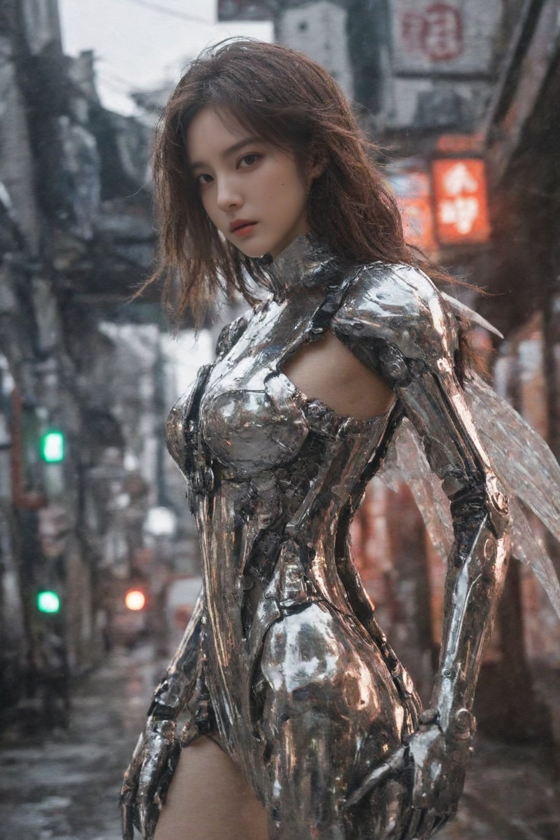  {{master piece}},best quality,illustration,1girl,small breast,beatiful detailed eyes,beatiful detailed cyberpunk city,flat_chest,beatiful detailed hair,wavy hair,beatiful detailed steet,mecha clothes,robot girl,cool movement,sliver bodysuit,{filigree},dargon wings,colorful background,a dragon  stands behind the girl,rainy days,{lightning effect},beatiful detailed sliver dragon arnour,（cold face）