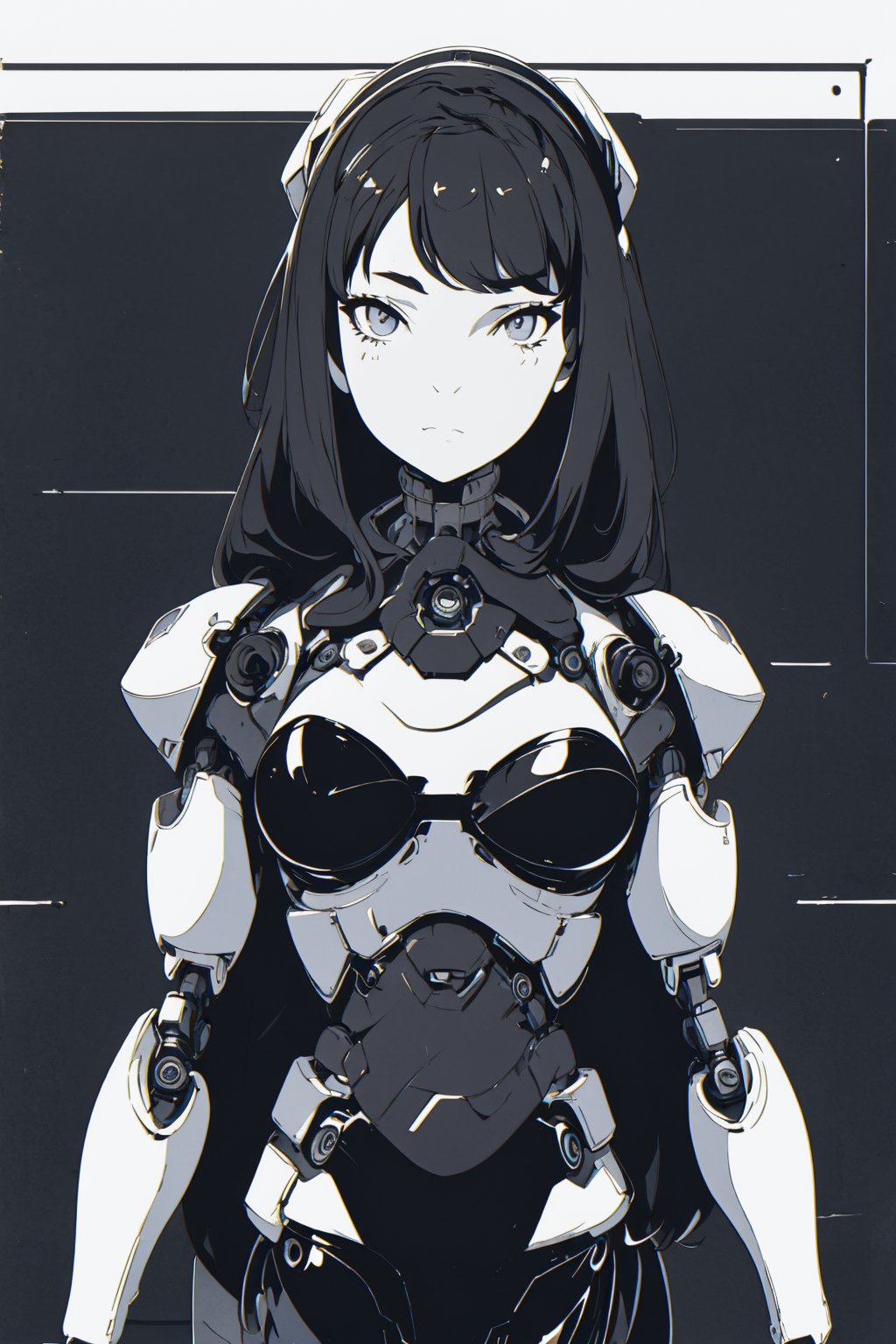 create a robot girl with beautiful arrangements from the waist up. I want the image to be beautiful and highlight the elegance and sophistication of black and white technology.,<lora:EMS-222126-EMS:1.000000>