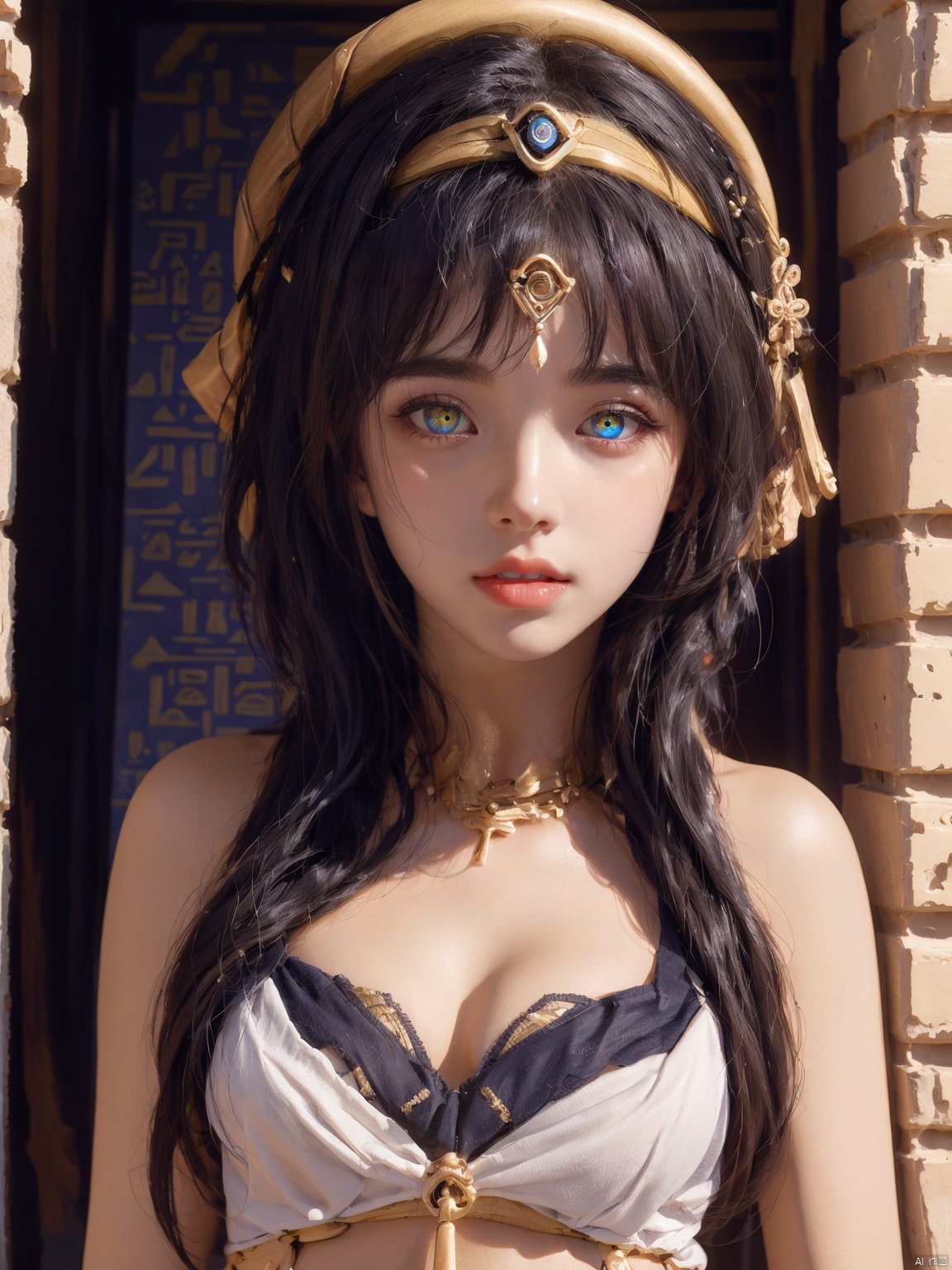  1girl,blue eyes,in egypt,panorama,upper_body,cowboy_shot,,pyramid,heterochromia,yellow eyes, ajkds, DUNHUANG_CLOTHS, chang