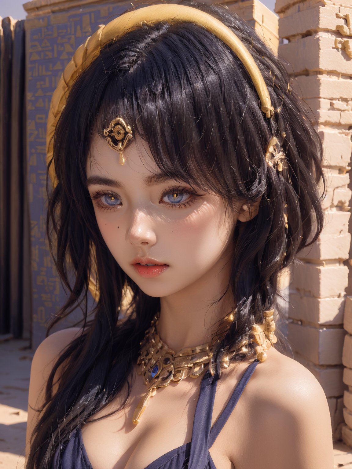 1girl,blue eyes,in egypt,panorama,upper_body,cowboy_shot,,pyramid,heterochromia,yellow eyes,