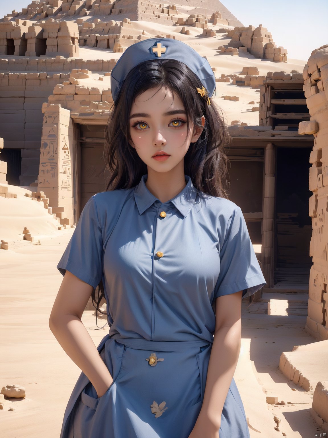  1girl,blue eyes,in egypt,panorama,upper_body,cowboy_shot,,pyramid,heterochromia,yellow eyes, ajkds, DUNHUANG_CLOTHS, chang, Trainee Nurse