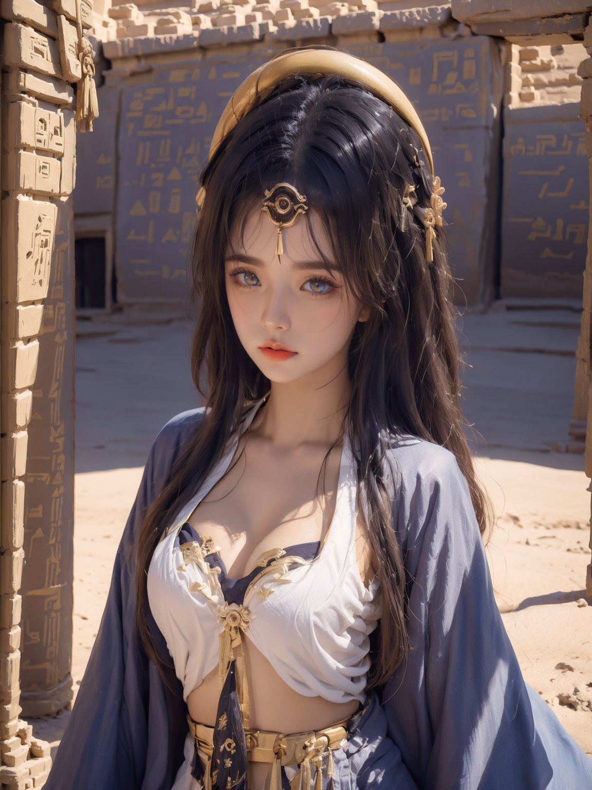  1girl,blue eyes,in egypt,panorama,upper_body,cowboy_shot,,pyramid,heterochromia,yellow eyes, ajkds, DUNHUANG_CLOTHS, chang