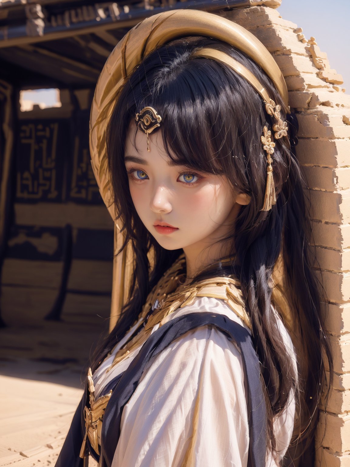  1girl,blue eyes,in egypt,panorama,upper_body,cowboy_shot,,pyramid,heterochromia,yellow eyes, ajkds, DUNHUANG_CLOTHS, chang