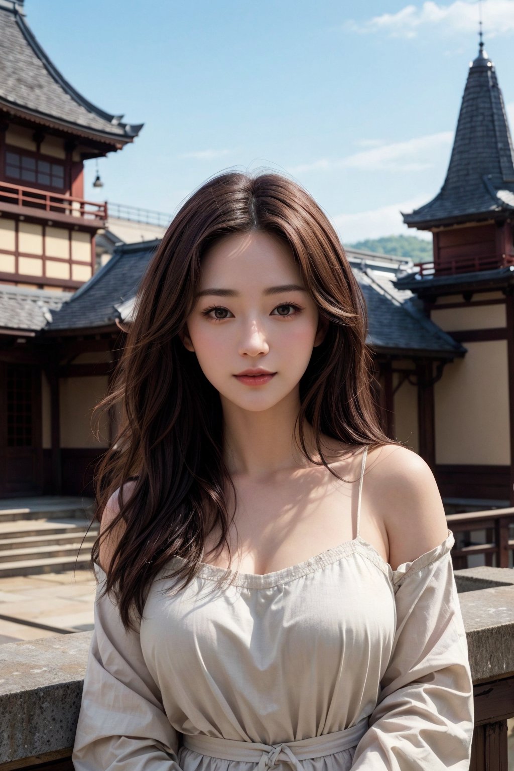 (Best quality, 8k, 32k, Masterpiece, UHD:1.2),Photo of Pretty Japanese woman, 1woman, mid-twenty milf, kumiko, (shoulder length dark brown hair), double eyelids, plump lips, stunningly beautiful face, natural medium breasts, wide hips, long-legged, tall stature, peach skin, loose dress, knit cardigan, standing on roof, natural sunlight, huge castle background, seductive face, enchanting smile, look at viewer, from below, upper body focus, ray tracing, detailed dark brown eyes, detailed facial, detailed hair, detailed fabric rendering, detailed details,