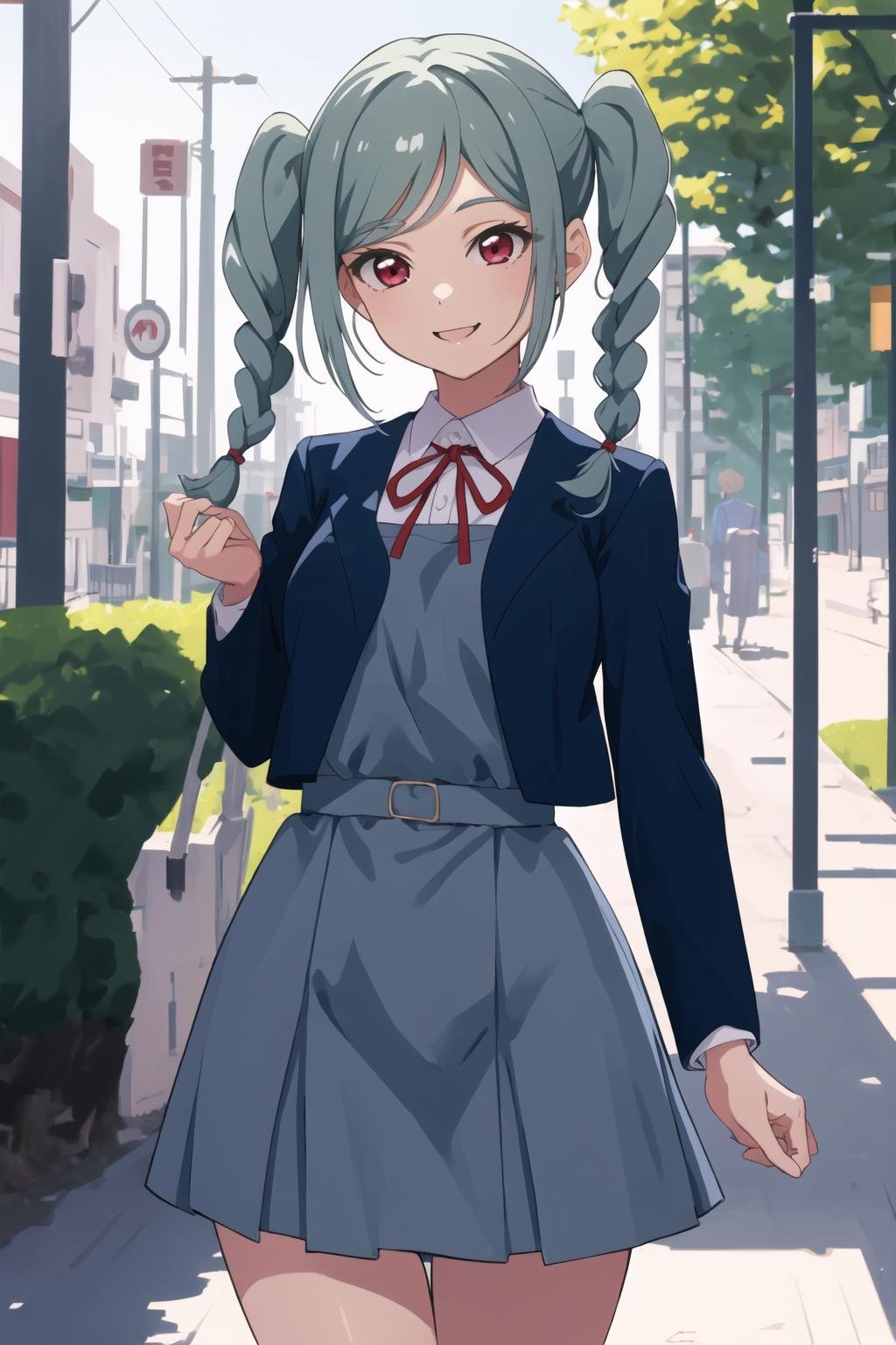 (masterpiece:1.2, best quality), 1girl, solo,  <lora:TomariLL_v1-09:0.6>  onitsuka tomari, twin braids, twintails,school uniform, white shirt, red ribbon, neck ribbon, yuigaoka school uniform, blue jacket, gray pinafore dress, outdoors, cowboy shot, smile, 