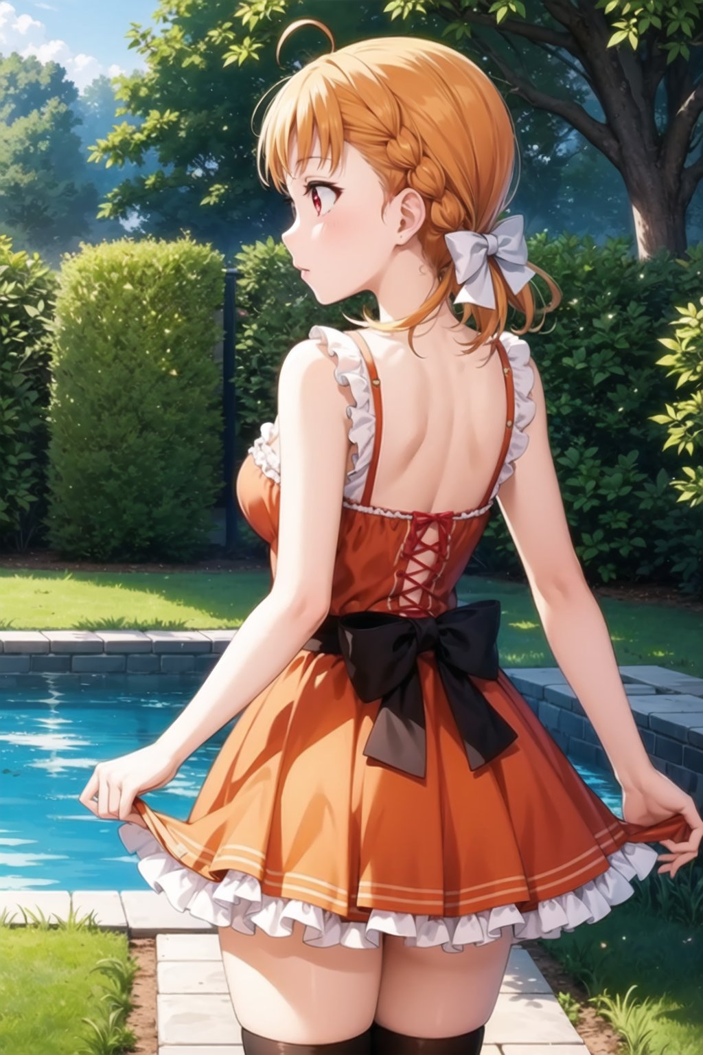 (masterpiece, best quality, ultra-detailed), 1girl, solo, takami chika, red eyes, braid, hair bow, ahoge, orange dress, frills, black thighhighs, looking away, outdoors, from behind, 