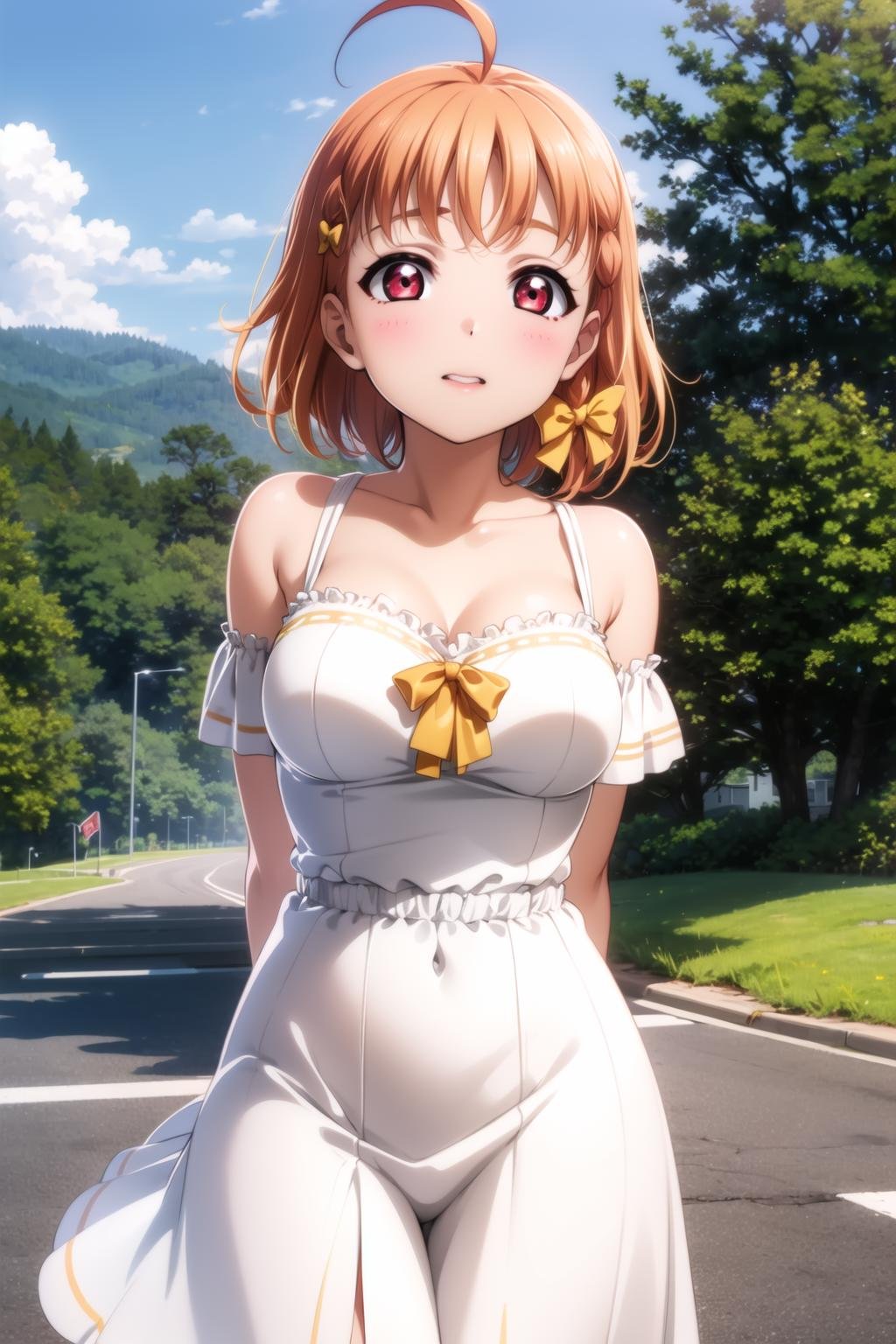 (masterpiece, best quality, ultra-detailed), (illustration), (beautiful detailed eyes), 1girl, solo,<lora:ChikaV2-06:0.75> takami chika, red eyes, medium breasts, ahoge, yellow hair bow,<lora:more_details:0.25>,dress, outdoors, cowboy shot, arms behind back, 