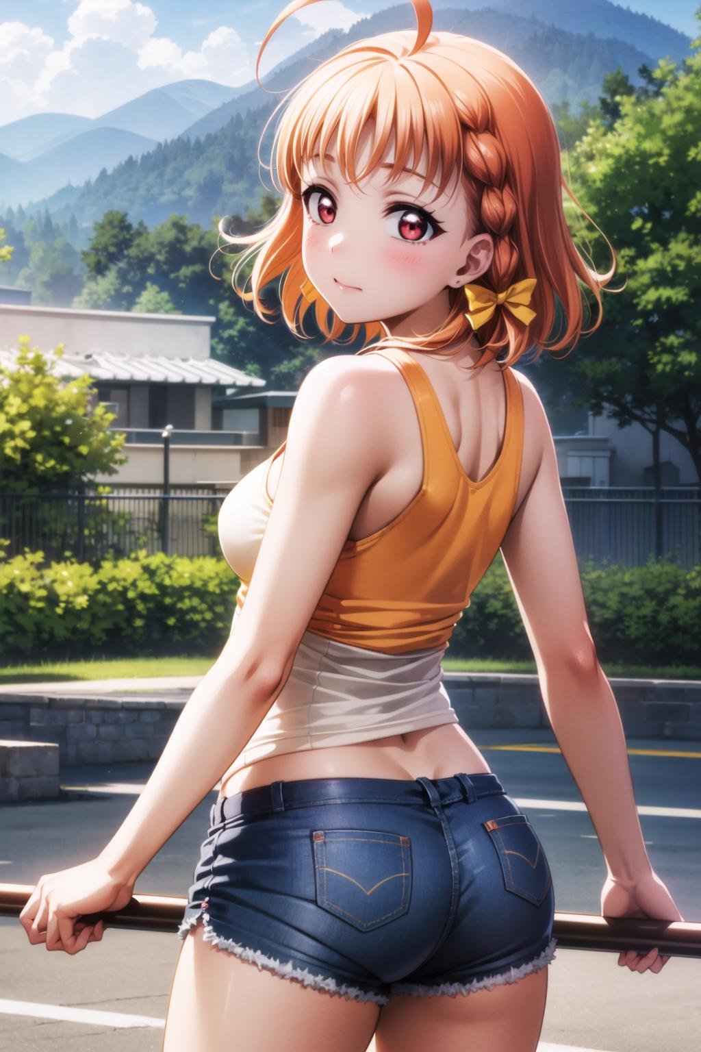 (masterpiece, best quality, ultra-detailed), (illustration), (beautiful detailed eyes), 1girl, solo,<lora:ChikaV2-06:0.75> takami chika, red eyes, medium breasts, ahoge, yellow hair bow,<lora:more_details:0.25>,outdoors, cowboy shot, looking back, from behind, shorts, black tank top, navel, 