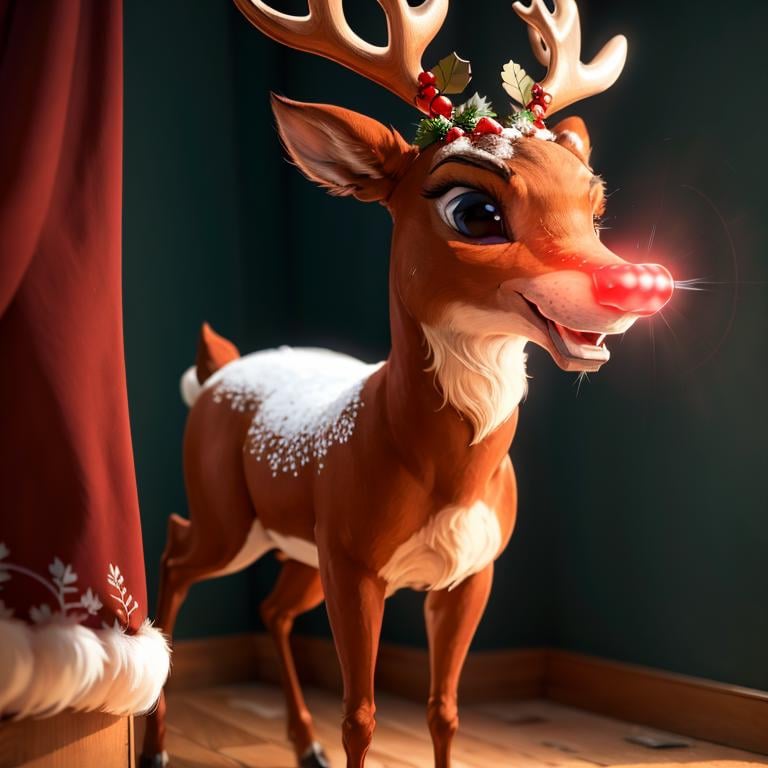 <lora:ricegnat_style:0.8>,((masterpiece,best quality)),  <lora:Rudolf_Red_Nose:0.8>, Rudolf_Red_Nose, solo, Reindeer, animal focus, full body,  solo, smile, looking at viewer,  Christmas, Christmas tree