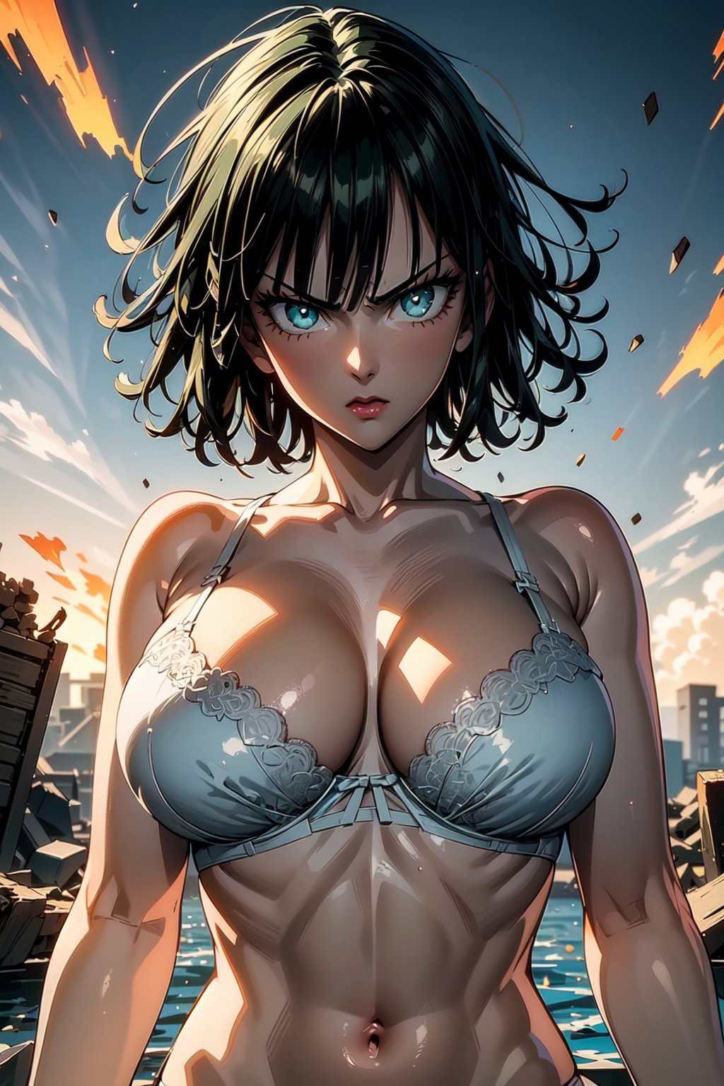 ((Fubuki From One Punch Man)), masterpiece, best quality,big breasts,(best quality), (ultra-detailed), (best illustration),1girl, ultra-detailed,HDR, deph of field, (perfect face, detailed face, detailed eyes), 8k, HD, best quality, adult body, adult face, solo, 1girl, fubuki,
Fubuki, fubukiopm,
(((adult))), (big breast), (wide hips), 
(((gorgeous))), 
(Ultra amazing resolution with perfect details), 
(cinematic quality),
, ((slim girl)), (((Looking at Viewer))),fubukiopm , Gree Short Hair, OPM Anime Style, Green Eyes ,fubuki,
Fubuki, Standing In The Destructive City, Destruction, Rage Mode, ((((Wearing White Bra and Underwear)))), (best quality), (masterpiece), ultra-detailed, ,(looking at viewer), 1girl,(flying,floating,sky),glare,angry,Gleaming eyes, ragemode, wild hair, (destruction),hand out, wilderness,storm,dust, (((Floating Hair, Using Psychics Power))) ,(Wide View),r1ge