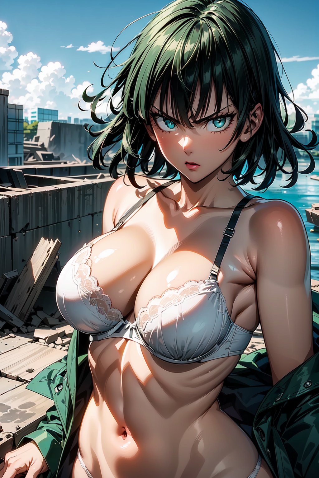 ((Fubuki From One Punch Man)), masterpiece, best quality,big breasts,(best quality), (ultra-detailed), (best illustration),1girl, ultra-detailed,HDR, deph of field, (perfect face, detailed face, detailed eyes), 8k, HD, best quality, adult body, adult face, solo, 1girl, fubuki,
Fubuki, fubukiopm,
(((adult))), (big breast), (wide hips), 
(((gorgeous))), 
(Ultra amazing resolution with perfect details), 
(cinematic quality),
, ((slim girl)), (((Looking at Viewer))),fubukiopm , Gree Short Hair, OPM Anime Style, Green Eyes ,fubuki,
Fubuki, Standing In The Destructive City, Destruction, Rage Mode, ((((Wearing White Bra and Underwear)))), (best quality), (masterpiece), ultra-detailed, ,(looking at viewer), 1girl,(flying,floating,sky),glare,angry,Gleaming eyes, ragemode, wild hair, (destruction),hand out, wilderness,storm,dust, (((Floating Hair, Using Psychics Power))) ,(Wide View),r1ge