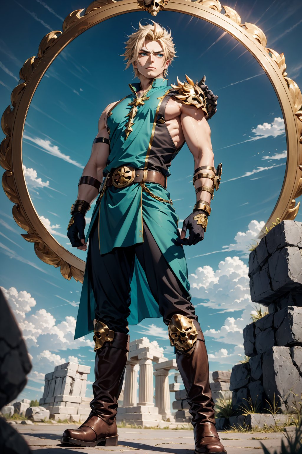 A wide angle full-length shot of Zepheus, Zepheus has a lean yet muscular warrior’s build, dirty blonde hair styled in a swept-back manner partially covering one piercing blue-green eye, His fair olive skin tone contrasts with his hair, Defined facial features like jawline and cheekbones, His outfit features a combat dark blue-green tunic with gold embellishments and intricate patterns, Greek-style leather greaves and vambraces have steampunk-esque accents, Earth-toned fantasy boots are accented in bronze and copper, a metal wolf skull pauldron over one shoulder adds a touch of fantasy, Red colored trim details throughout the ensemble tie the look together and symbolize Zepheus’ connection to underworld deities and realms, his design reflects his unique heritage and conflicting loyalties, masterpiece, high details, 4K, Zepheus, tunic, animal skull pauldron, vambraces, laural crown, holding sword