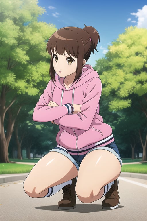 ((Masterpiece,  Best Quality)), 1girl,  solo,  hooded jacket,  pink Jacket,  brown hair,  Brown eyes,  short shorts,  kneehighs,  outdoors,  (pose),  thick thighs,  sidetail,  one knee,<lora:EMS-224393-EMS:0.500000>