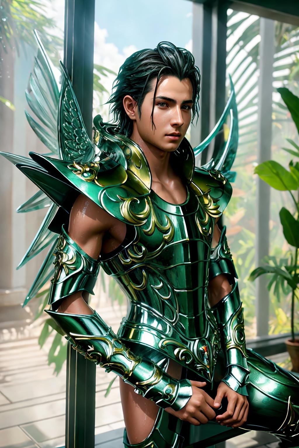 <lora:saint_cloth_v2:1> masterpiece of photorealism, photorealistic highly detailed 8k photography, best hyperrealistic quality, volumetric lighting and shadows, young man in saint_cloth divine_armor, wet-look hairstyle chocolate, Tropical Rainforests, Stunning Aerial Spiral Descent