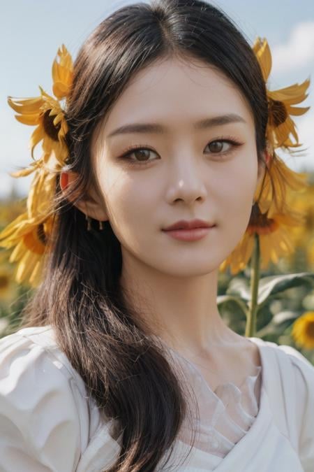 (mature body), (upper body:1.5), nikon RAW photo,8 k, Fujifilm XT3,masterpiece, best quality, realistic, photorealistic, ultra detailed, extremely detailed face, solo,1girl, standing, fashionable and trendy atmosphere, and a stylish expression on her face, close up, (narrow waist), white dress on field of sun flowers, <lbm=FACES>