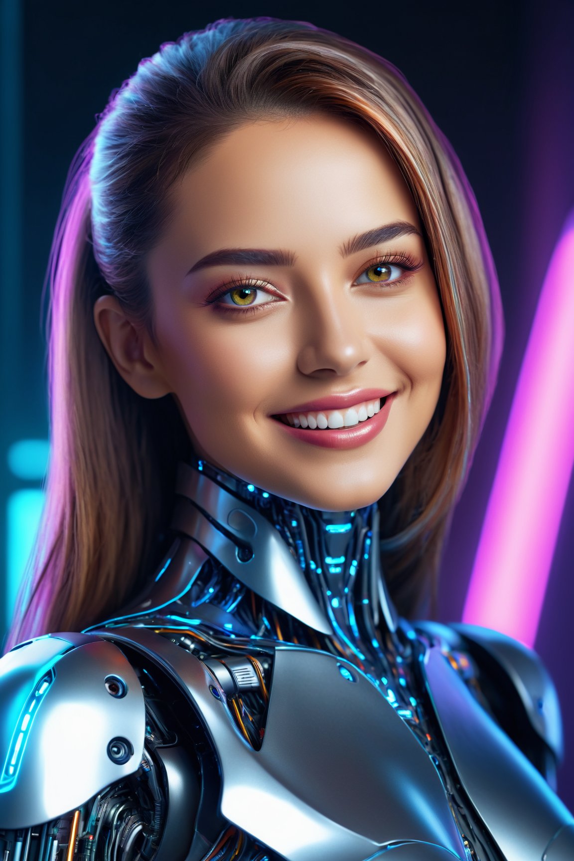 (best quality,4k,8k,highres,masterpiece:1.2),ultra-detailed,(realistic,photorealistic,photo-realistic:1.37), woman, beautiful, cute smile, fancy, cyborg, robot, portrait, metallic skin, glowing eyes, flowing hair, sleek design, futuristic fashion, vibrant colors, neon lights, surrealistic background