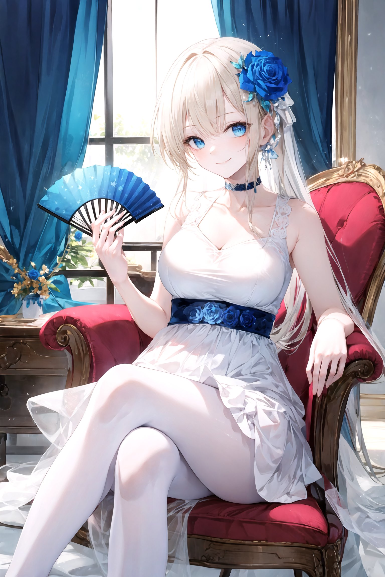  1girl, blonde hair, solo, flower, hair flower, hair ornament, dress, long hair, blue eyes, smile, looking at viewer, blue flower, white dress, sitting, blue rose, rose, sleeveless dress, sleeveless, closed mouth, bare shoulders, bangs, hand fan, curtains, large breasts, chair, holding, holding fan, choker, medium breasts, on chair, parted bangs, slender legs,