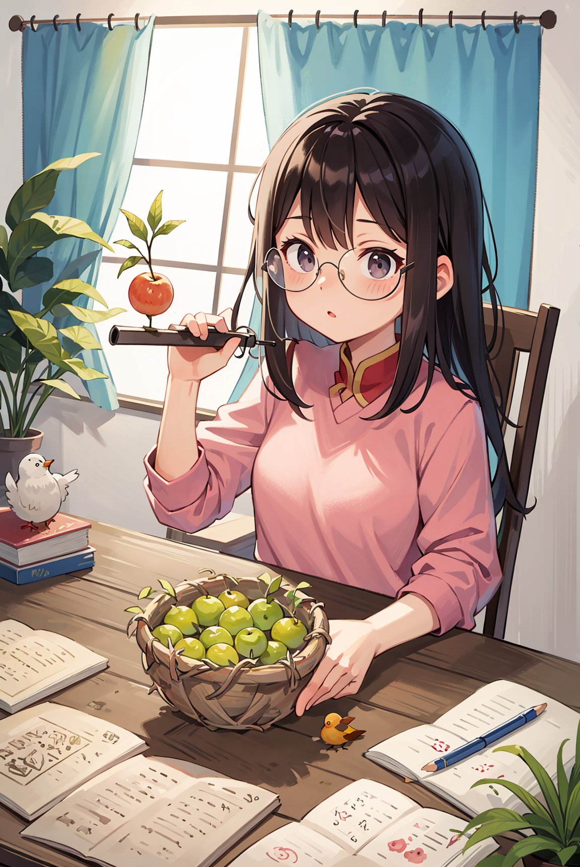  A delicate girl with big eyes, sitting at a desk (drawing), facing the audience, wearing glasses and a pink top. There are plants and flowers on the table, and there is a window next to it. The scenery outside the window is beautiful, A ink painting of a tranquil orchard with Chinese writing on it and a pair of birds building their nest, with a fruit-laden branch in the foreground, An Zhengwen, organic painting, a minimalist painting, art & language, ink and wash,