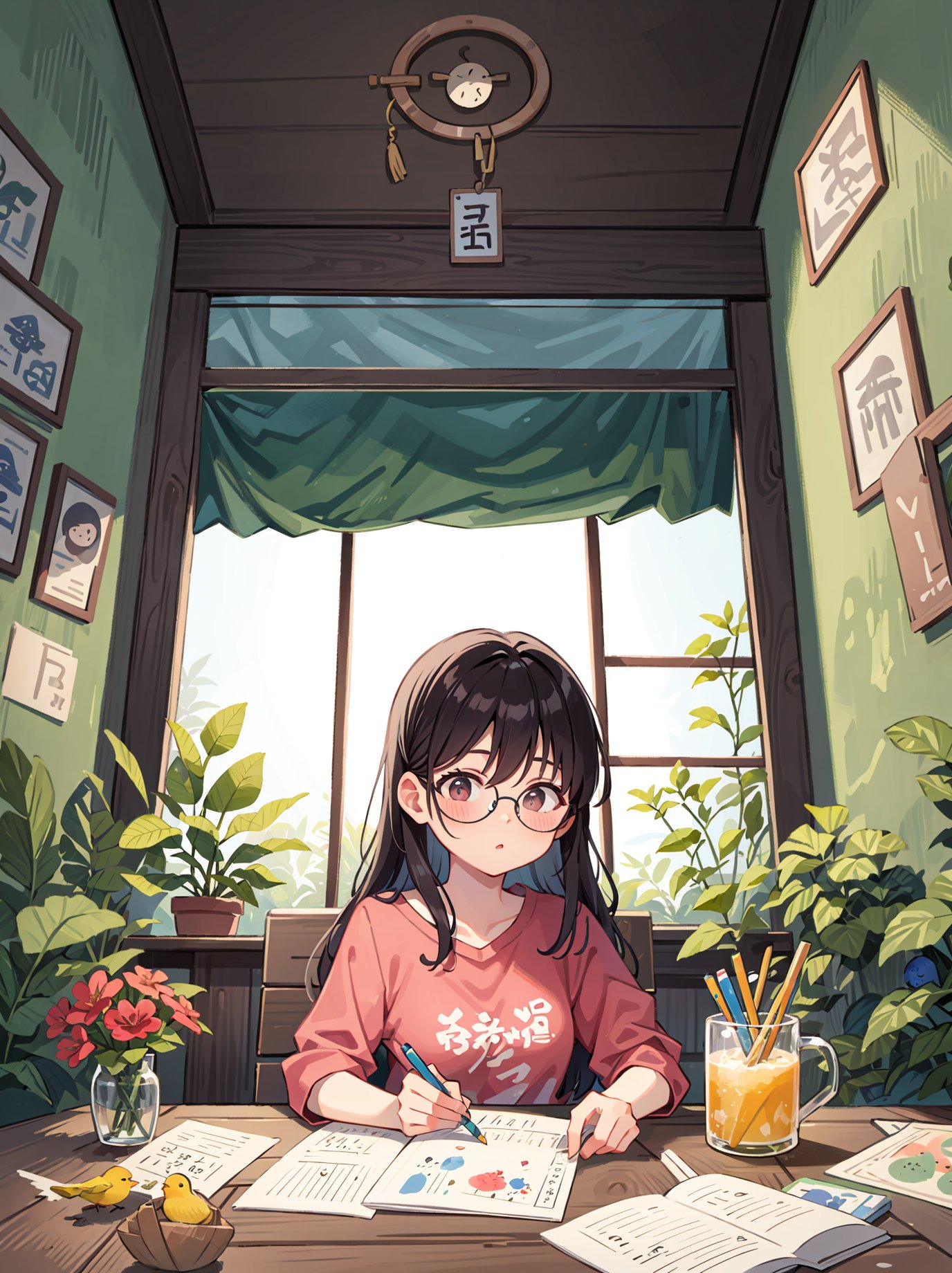 A delicate girl with big eyes, sitting at a desk (drawing), facing the audience, wearing glasses and a pink top. There are plants and flowers on the table, and there is a window next to it. The scenery outside the window is beautiful, A ink painting of a tranquil orchard with Chinese writing on it and a pair of birds building their nest, with a fruit-laden branch in the foreground, An Zhengwen, organic painting, a minimalist painting, art & language, ink and wash,