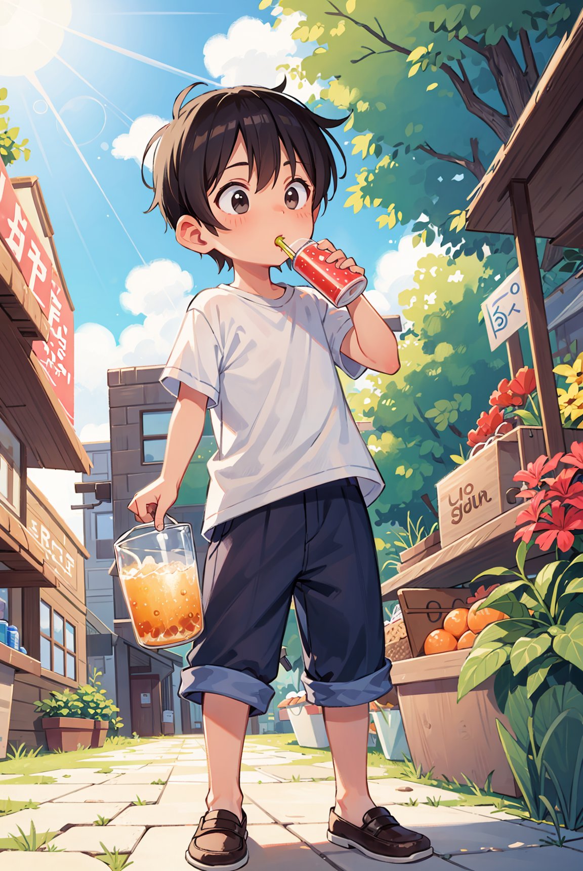 A little boy drinking soda, handsome, cute, summer, quiet, with a grocery store in the background, sunshine, close-up shot, Miyazaki Hayao style,