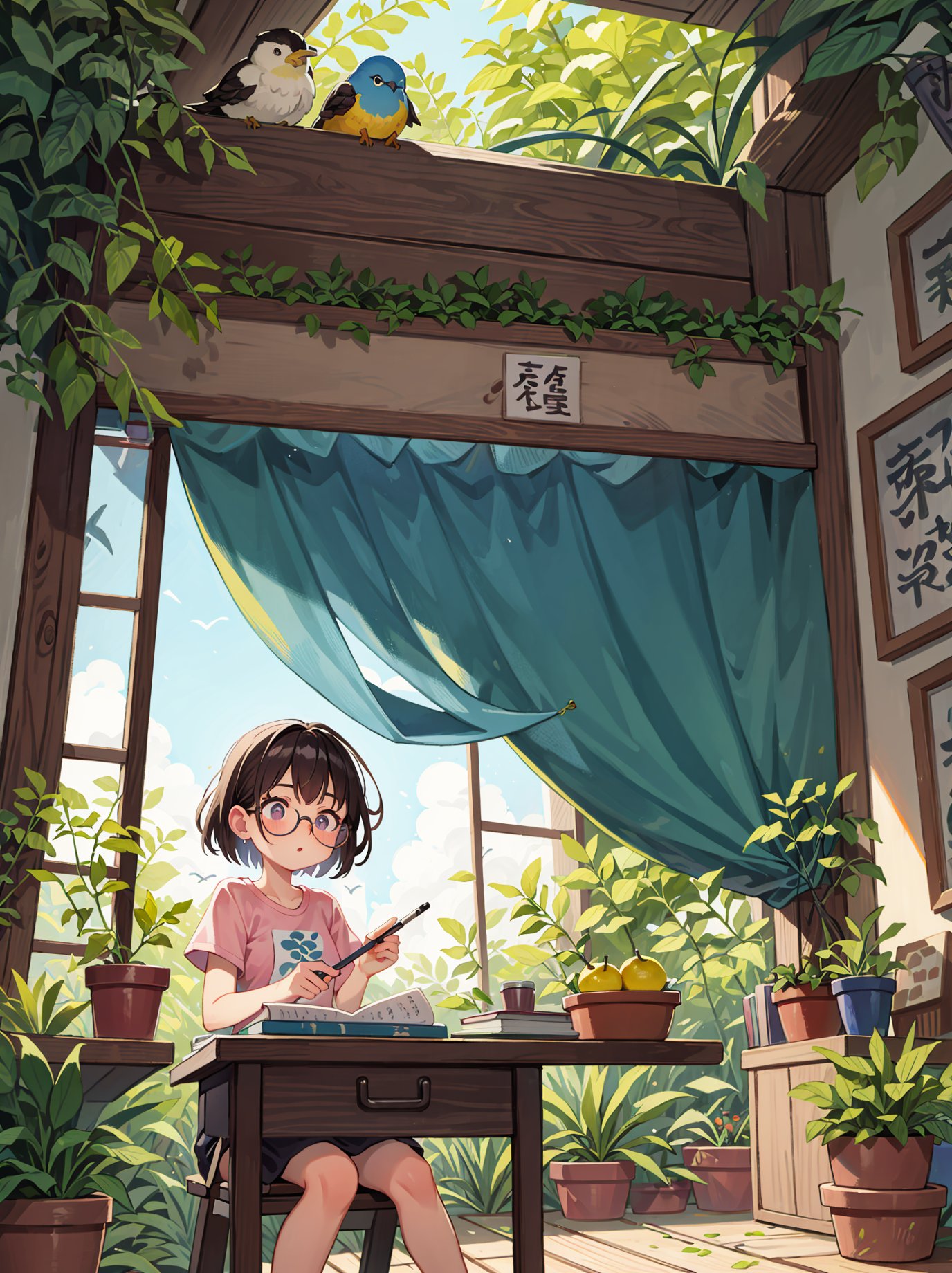 A delicate girl with big eyes, sitting at a desk (drawing), facing the audience, wearing glasses and a pink top. There are plants and flowers on the table, and there is a window next to it. The scenery outside the window is beautiful, A ink painting of a tranquil orchard with Chinese writing on it and a pair of birds building their nest, with a fruit-laden branch in the foreground, An Zhengwen, organic painting, a minimalist painting, art & language, ink and wash,