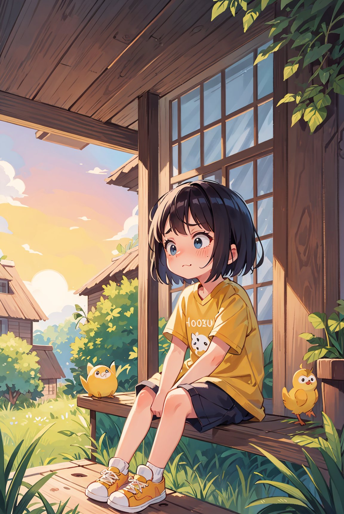 A little girl with a deep sadness and a worried face, sitting on the roof, full body photo taken, sad and unhappy, wearing a yellow short sports shirt, red sports shoes, black hair, having a house, flowers and plants, Miyazaki Hayao style, other small animals. A happy little girl with a round face, big eyes, long eyelashes, sunset and sunset, looking into the distance without looking at the camera