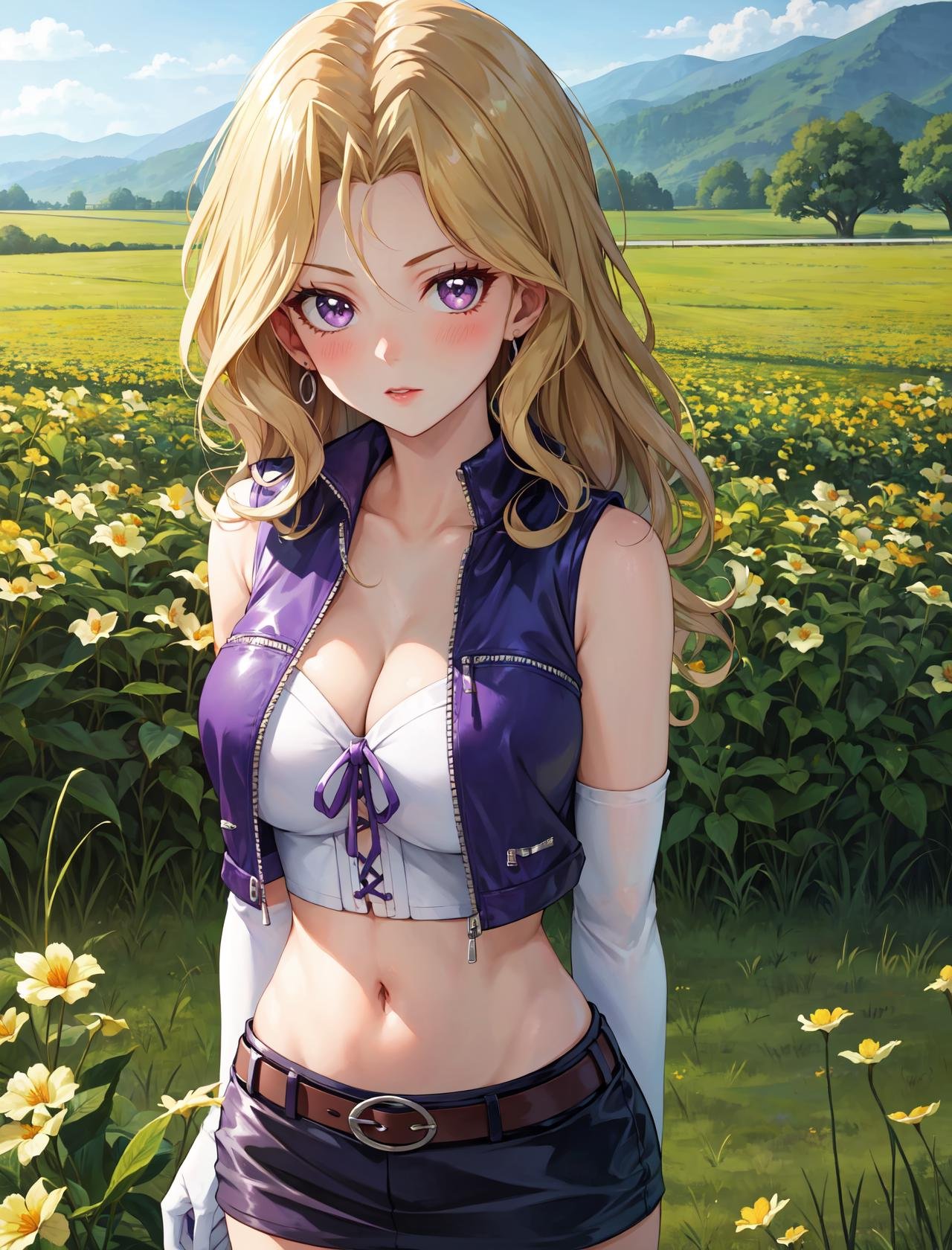 masterpiece, best quality, outdoors, grass, field, flower field,1girl, solo, looking at viewer, cowboy shot, blonde hair, purple eyes, breasts, blush, skirt, long hair, large breasts, elbow gloves, white gloves, navel, cleavage, detached sleeves, midriff, belt, vest, crop top, bustier, arms behind back,<lora:LoRA_Mai:1>