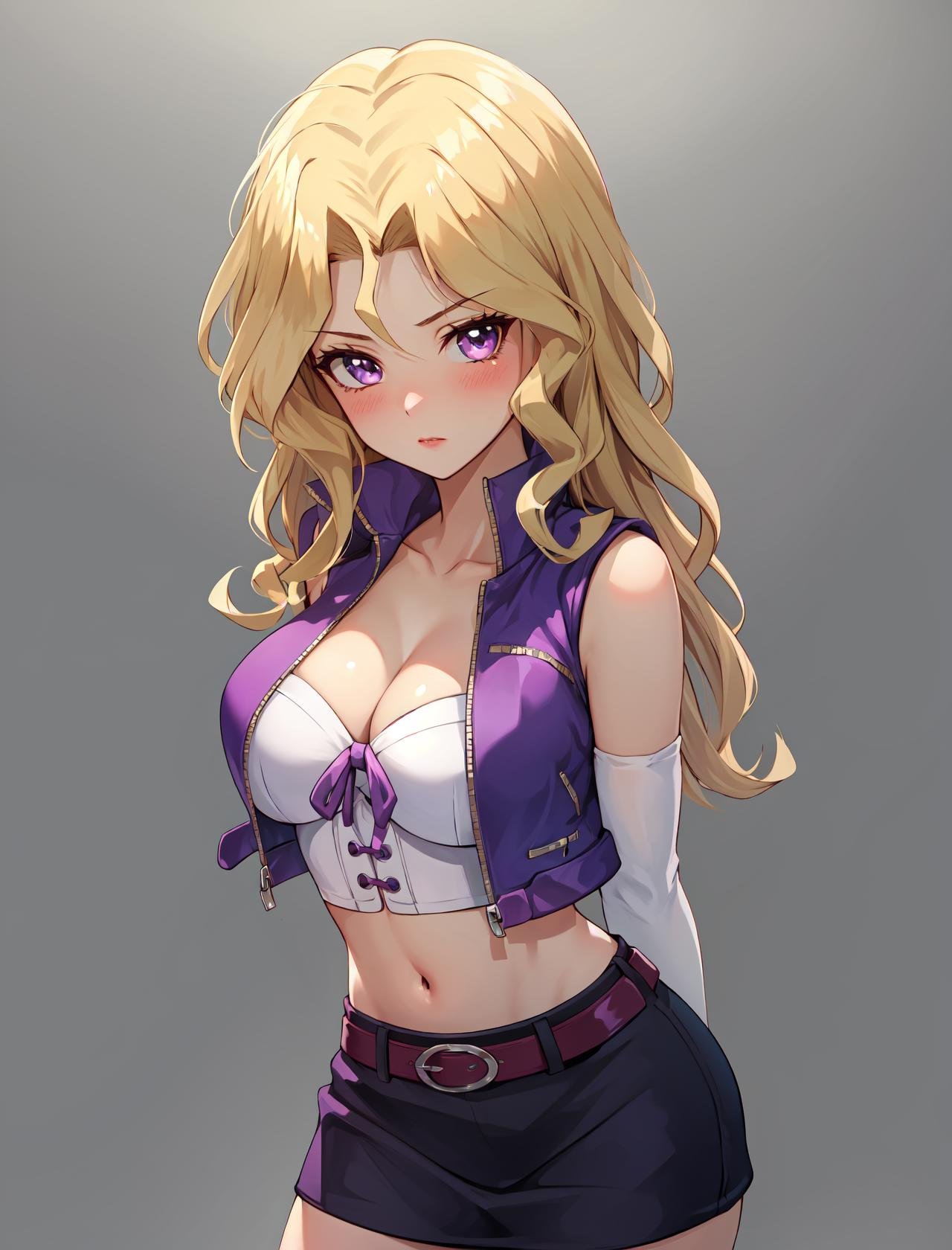 masterpiece, best quality, white background, simple background,1girl, solo, looking at viewer, cowboy shot, blonde hair, purple eyes, breasts, blush, skirt, long hair, large breasts, elbow gloves, white gloves, navel, cleavage, detached sleeves, midriff, belt, vest, crop top, bustier, arms behind back,<lora:LoRA_Mai:1>