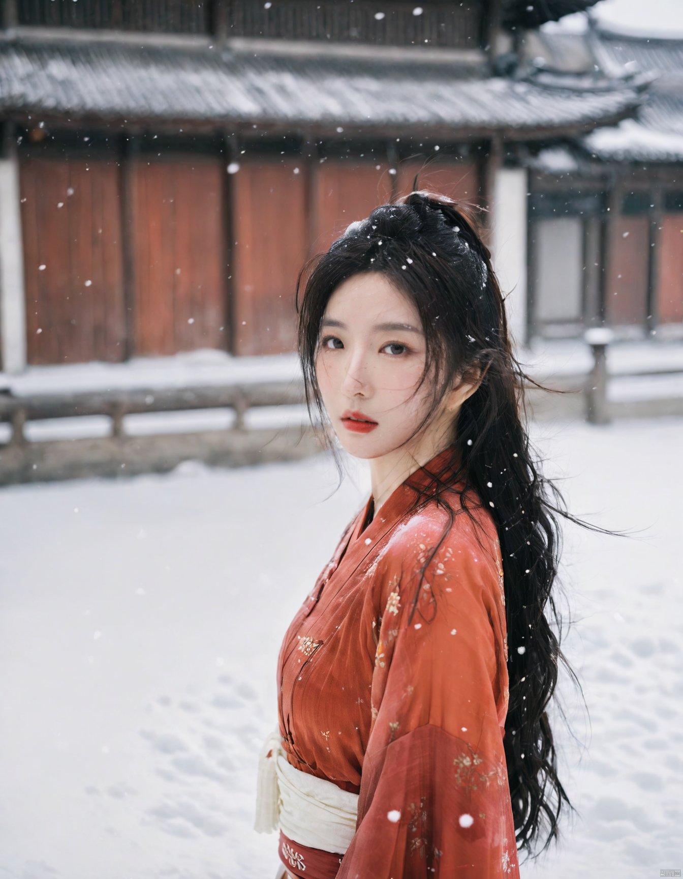 cinematic photo ,Best quality , (masterpiece:1.2) , cinematic photo,1girl,A beautiful girl in red hanfu, Standing in the wind andsnow, long hair blown by the wind,snow in the sky , upperbody,snowing,snowy day,in winter ,motion blur ,(sad:1.1),(crying:1.1),close-up,(tears:1.1),(face focus:1.1),(close mouth:1.1),front view ,35mm photograph, film, bokeh, professional, 4k, highly detailed,helgirls