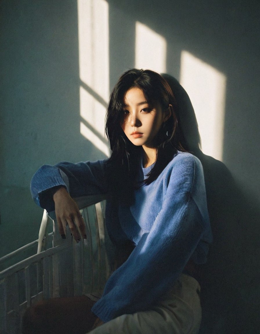  a young woman,looking at the camera,posing,ulzzang,naver fanpop,ffffound,streaming on twitch,character album cover,blues moment,style of Alessio Albi,daily wear,moody lighting,appropriate comparison of cold and warm,reality,
