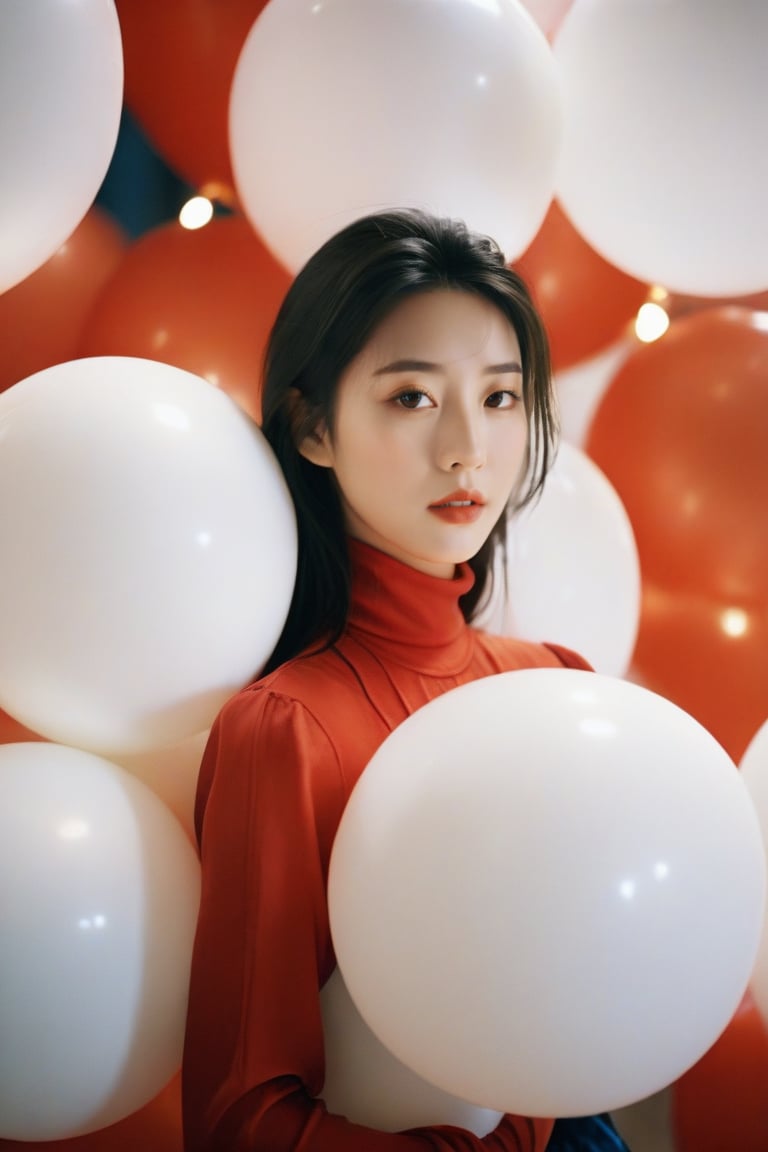  breathtaking cinematic film still,Cowboy_Shot,blouse,a cinematic fashion portrait photo of beautiful young woman from the 90s wearing a red turtleneck standing in the middle of a ton of white balloons,dramatic lighting,taken on a hasselblad medium format camera,looks like liuyifei,white balloon,shallow depth of field,vignette,highly detailed,high budget,bokeh,cinemascope,moody,epic,gorgeous,film grain,grainy . award-winning,professional,highly detailed,sc,monkren,, monkren