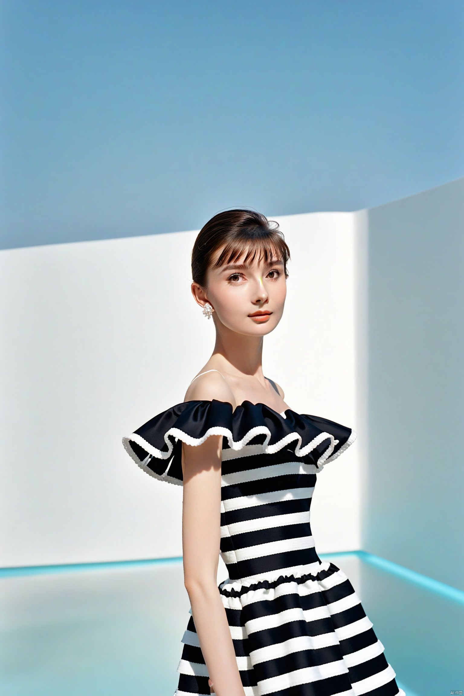  (masterpiece, best quality, hyper realistic, raw photo, ultra detailed, extremely detailed, intricately detailed), (photorealistic:1.4), (photography of Audrey Hepburn wearing a fashionable Striped off-the-shoulder ruffle hem dress, designed by Hubert de Givenchy, ), (smile), fairy, pure, innocent, beauty, (slender), super model, adr, Breakfast at Tiffany's, Sabrina, (glide_fashion), depth of field, (full shot), film grain, zeiss lens, symmetrical, 8kresolution,octanerender(OC渲染), extremely high-resolution details, fine texture,dynamicangle,fashion(时尚), fashion,,