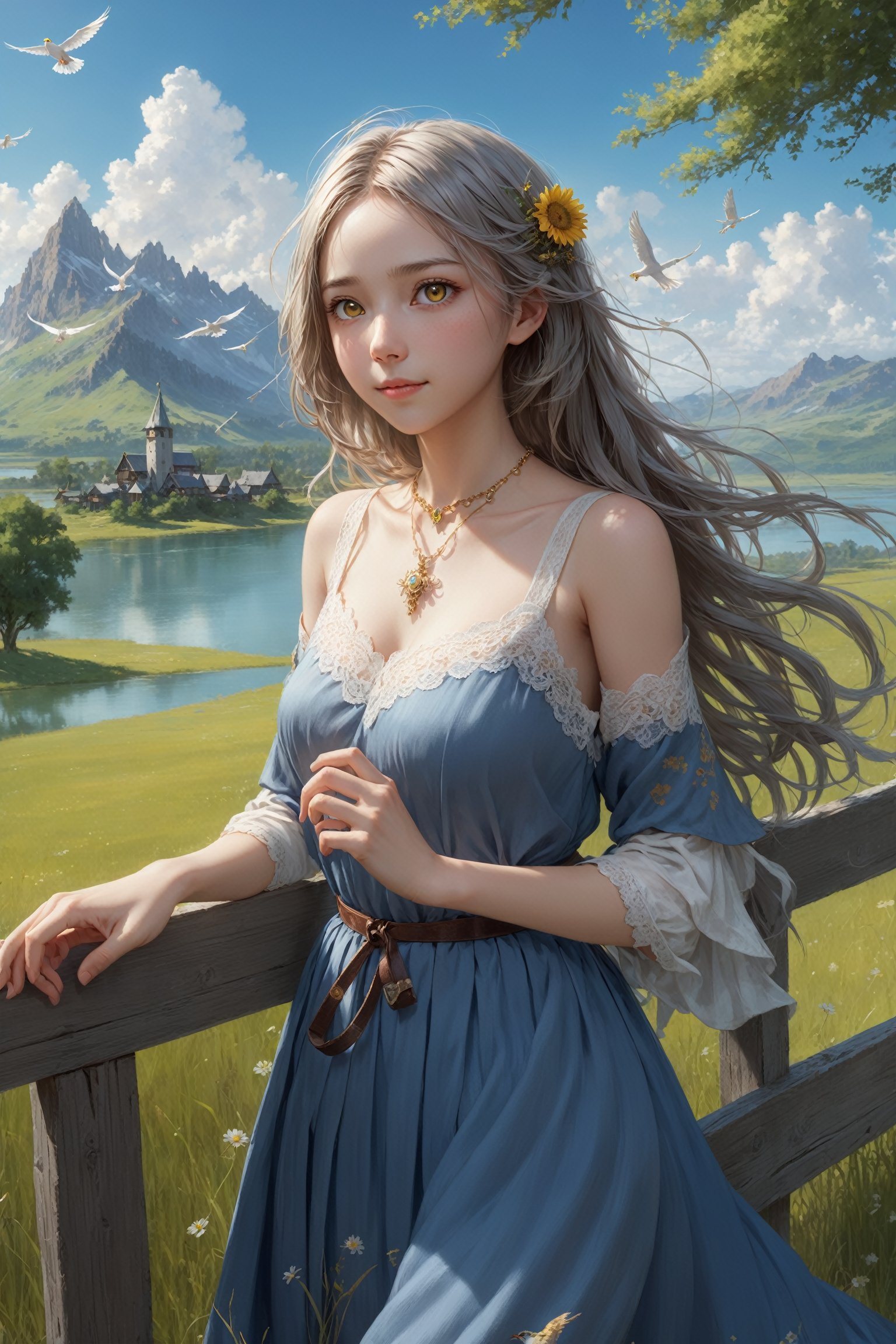 {masterpiece},{best quality},{1girl},Amazing,beautiful detailed eyes,solo,finely detail,Depth of field,extremely detailed CG,original, extremely detailed wallpaper,{{highly detailed skin}},{{messy_hair}},{small_breasts},{{longuette},{grassland},{yellow eyes},full body, incredibly_absurdres,{gold hair}.lace,floating hair,Large number of environments,the medieval ,grace,A girl leaned her hands against the fence,ultra-detailed,illustration, birds,Altocumulus,8kwallpaper,hair_hoop,long_hair,gem necklace,hair_ornament,prospect,water eyes,wind,breeze,god ray,lawn,Mountains and lakes in the distance,The skirt sways with the wind,The sun shines through the trees,A vast expanse of grassland,fence,Blue sky,bloom,smile,glow,The grass sways in the wind