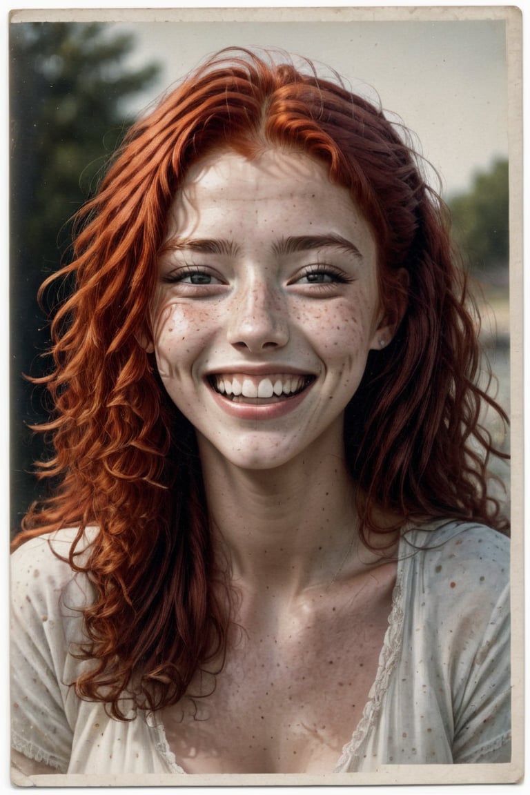 photograph of a pretty young woman with (freckles:0.5),  laughing, redhead