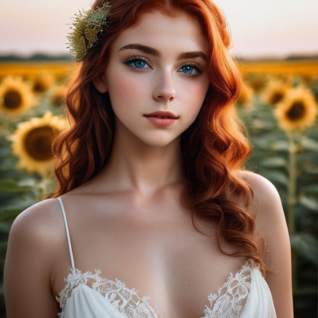 A beautiful girl, 18-year old European girl, glamour model, (fair skin:1.2), (symmetrical cerulean eyes:1.2), 
wearing a ((spaghetti strap white chiffon dress with beautiful French lace bodice)), 
posing amidst a field of beautiful sunflowers, 
(detailed beautiful face and eyes, natural skin texture, detailed skin texture, visible skin details, skin fuzz), romantic mood, sensual, sunset, natural lighting, perfect lighting, facing viewer, wide shot, depth of field, close-up, best quality, photography, 12k,UHD, redhead