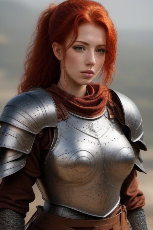 woman 25yo wearing wearing plate armor, redhead 