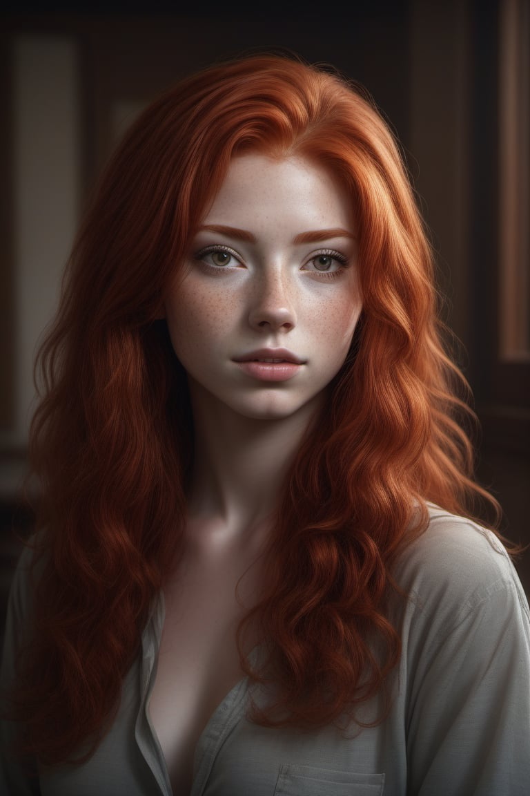 professional photograph of a redhead young woman indoors, headshot,
hyperrealistic, masterpiece, 8k, trending on artstation, centerfold, hazy atmosphere,
18yo, 1girl, profile,more detail XL  ,1girl