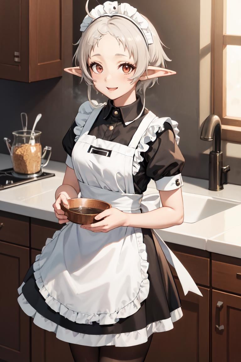 masterpiece, best quality, absurdres, Sylphiette, short hair, ahoge, maid, maid headdress, maid apron, kitchen, smile, <lora:Sylphiette:1>