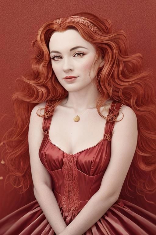 wimple, dr24sune, Retro aesthetic image, red dress, cleavage, center opening, a  cute woman, red hair, polaroid photo, beautiful composition, detailed skin, vibrant colours, fun, happy, extremely shallow depth of field, f/1.2, shot on a canon Eos r3, detailed contrast, full body