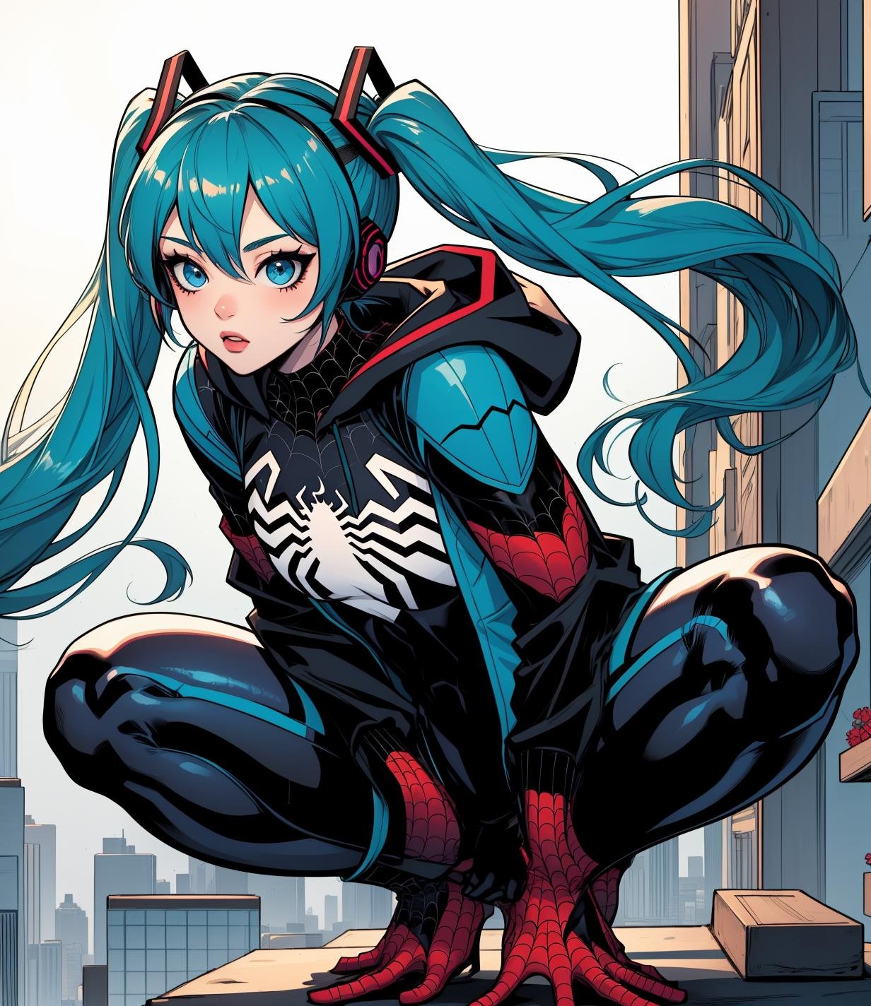 spider_oc, 1girl, hatsune miku, blue hair, blue eyes, jacket, hood, (blue bodysuit: 1.21), superhero, hooded bodysuit, (solo: 1.1), <lora:spider_oc-06:1>